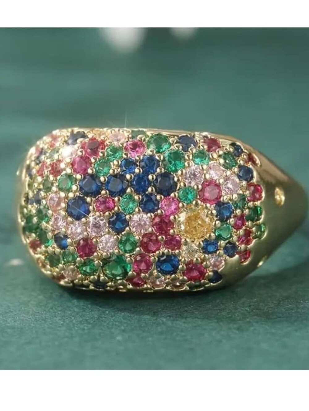 Vibrant 14K Gold Plated Rainbow Pavé Dome Cocktail Ring ✨